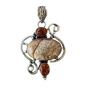 Necklace Pendant 2" Moss Jasper Amber Stone Cab Scroll Accent 925 Sterling 13.3g